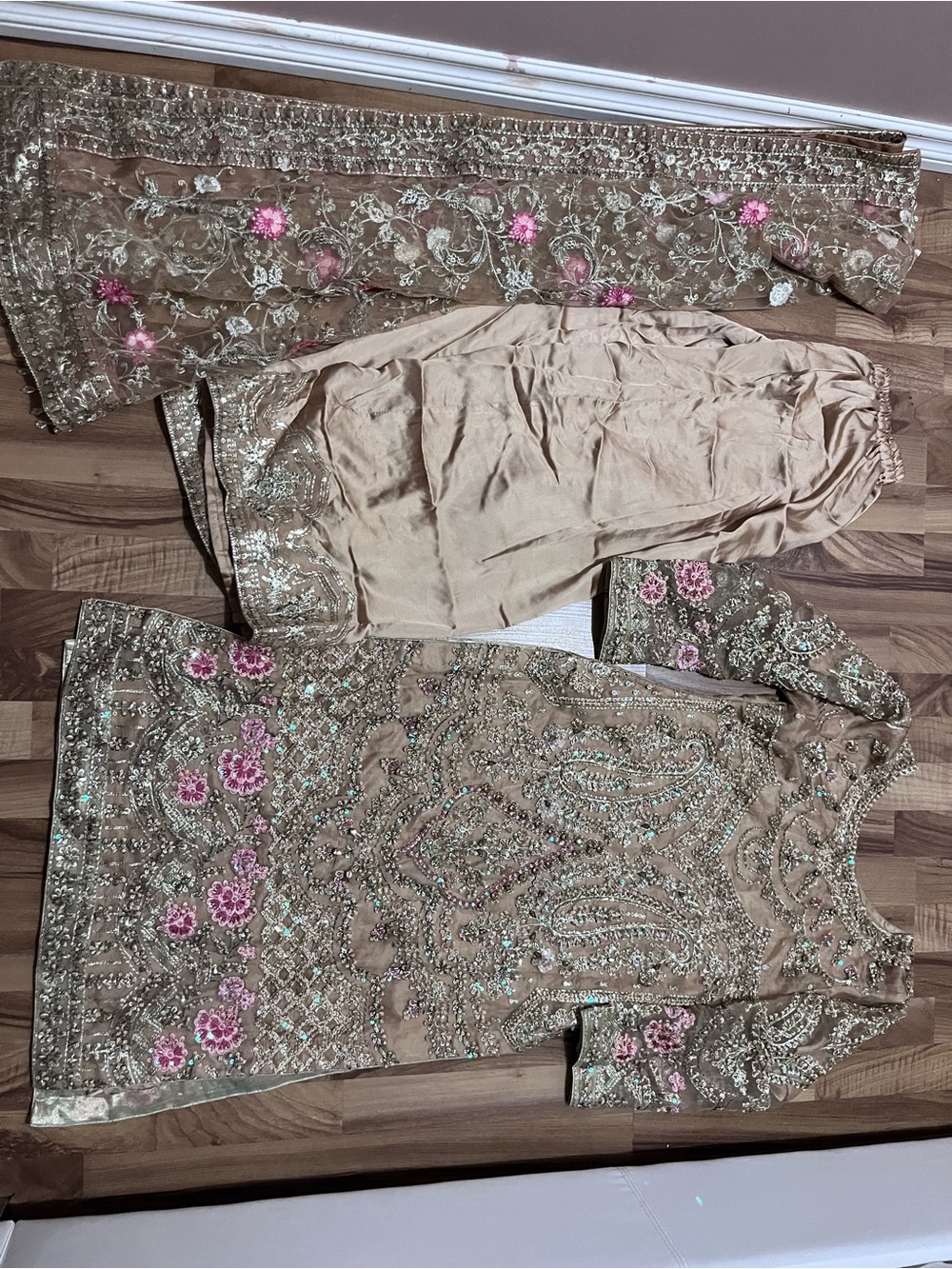 Pakistani/ Indian Embroidered Beige & Pink Formal Dress Set